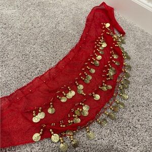Red Belly Dance Hip Scarf with Gold Coins